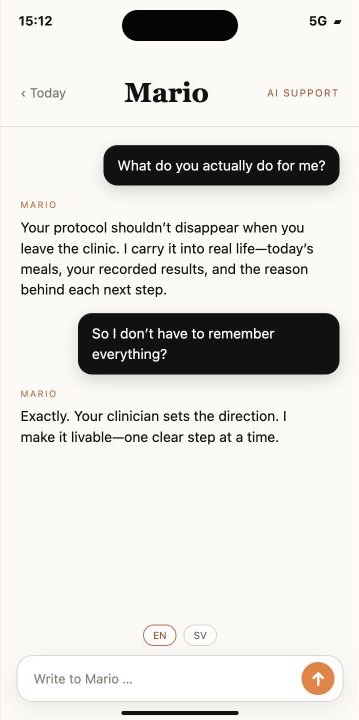 An anonymized Meet Mario conversation about carrying the clinic plan into everyday life