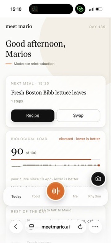 Meet Mario dashboard showing the next planned meal and biological load
