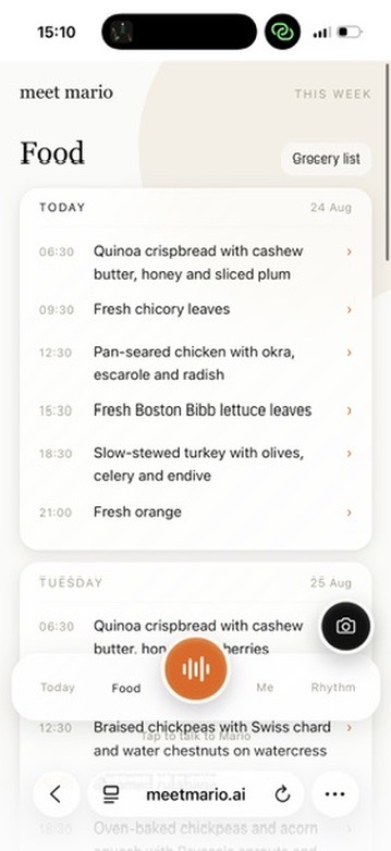 Meet Mario weekly food plan with meals arranged by time