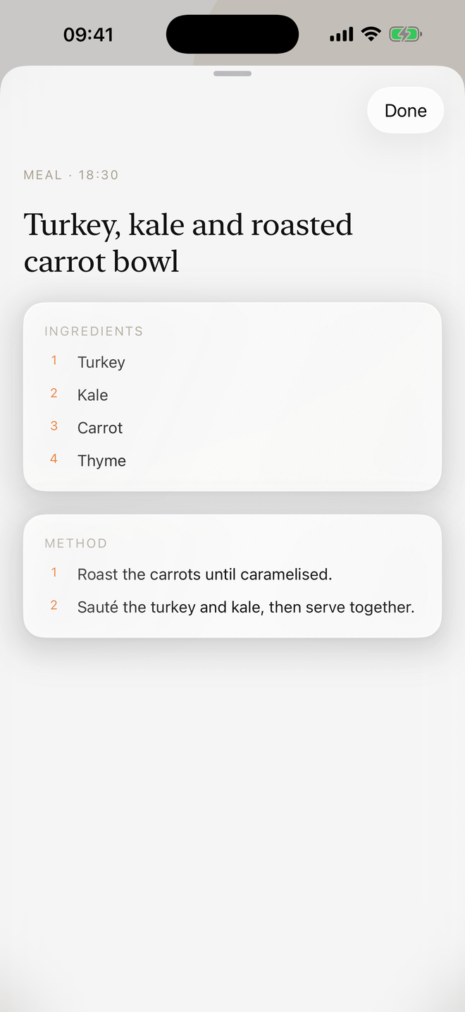 Meet Mario recipe view with ingredients and step-by-step method