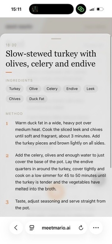 Meet Mario recipe view with ingredients and step-by-step method