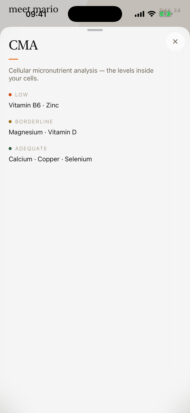 Meet Mario visar en CMA-översikt med vitamin B6 och zink markerade som låga